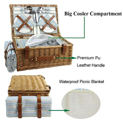 HappyPicnic Wicker Picnic Basket Cutlery Set Picnic Basket Insulated Cooler Bag Picnic Set Basket made of wicker, for camping, outdoor, Christmas