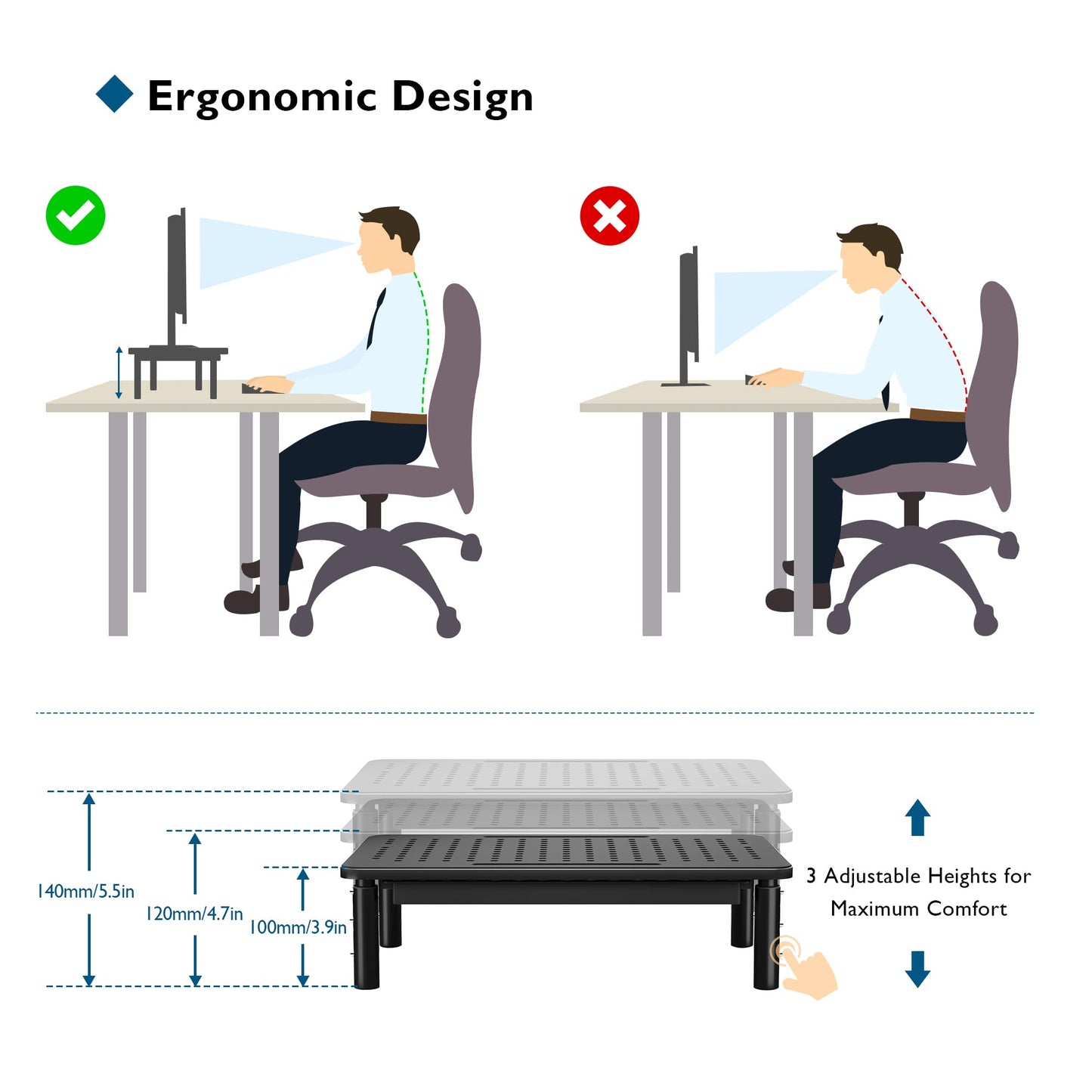 BONTEC Monitor Stand with Drawer, 3 Height Adjustable Monitor Riser for Desk with Mesh Platform for Monitor, Laptop, Computer, iMac, Printer up to 20 kg, Cable Ties Included