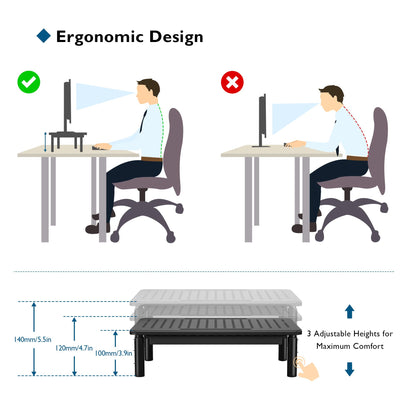 BONTEC Monitor Stand with Drawer, 3 Height Adjustable Monitor Riser for Desk with Mesh Platform for Monitor, Laptop, Computer, iMac, Printer up to 20 kg, Cable Ties Included