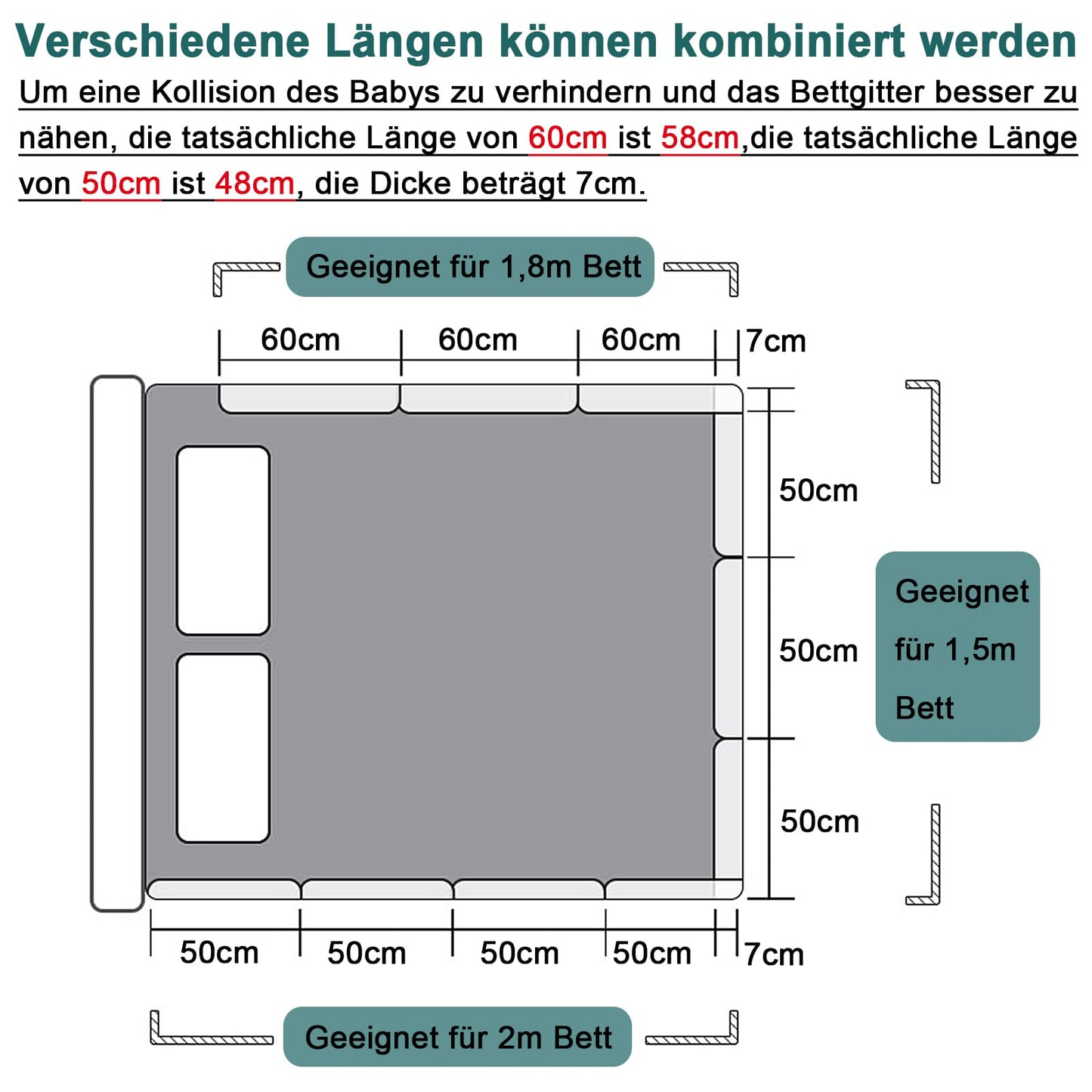 HENGMEI bed rail bed guard 60cm bed rail adjustable height fall protection anti-fall, 40-60cm adjustable side protection, linen gray
