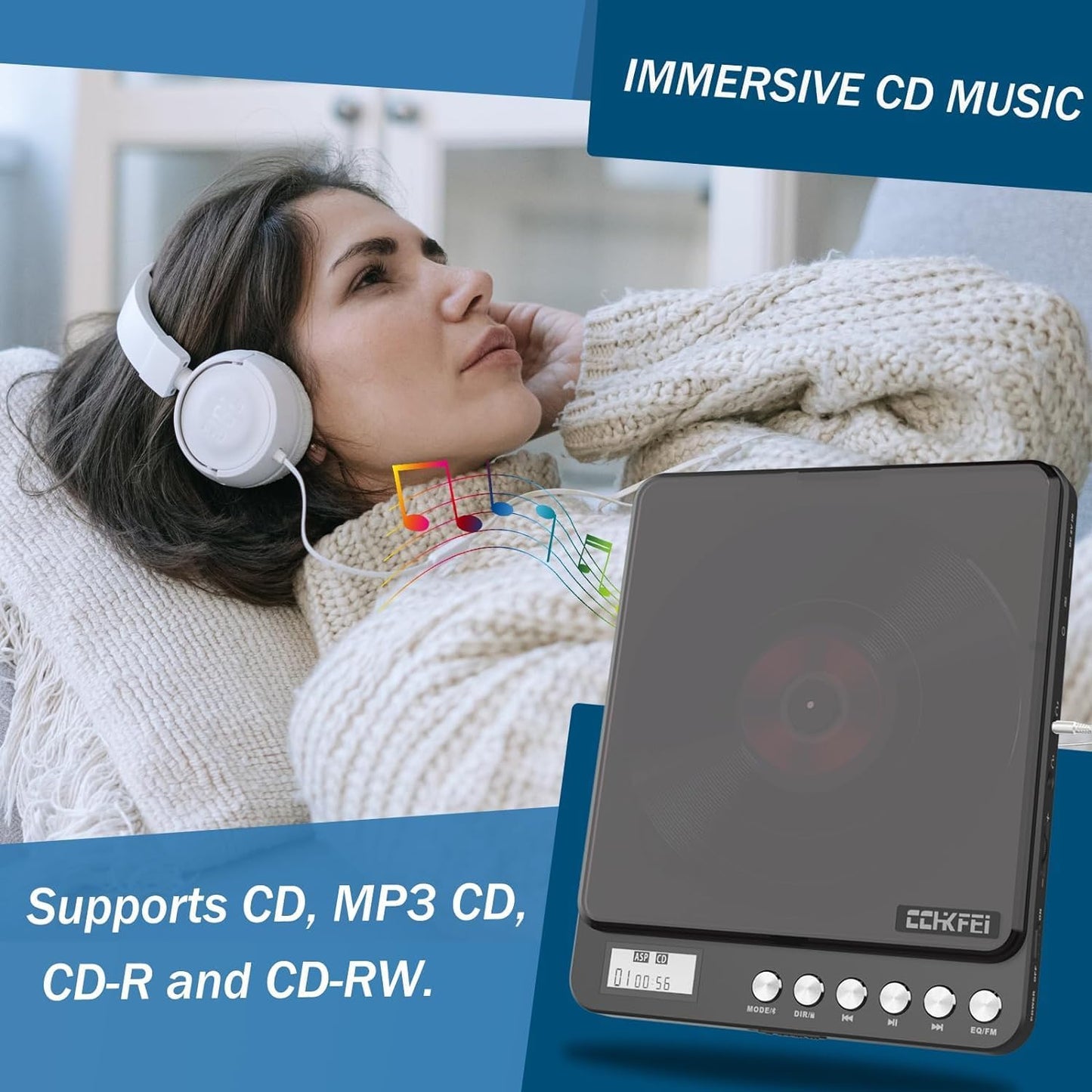 Portable CD player with Bluetooth and headphones, rechargeable CD player with speaker and FM transmitter. 2000mAh lithium battery, portable Discman CD player for adults, students, and children.