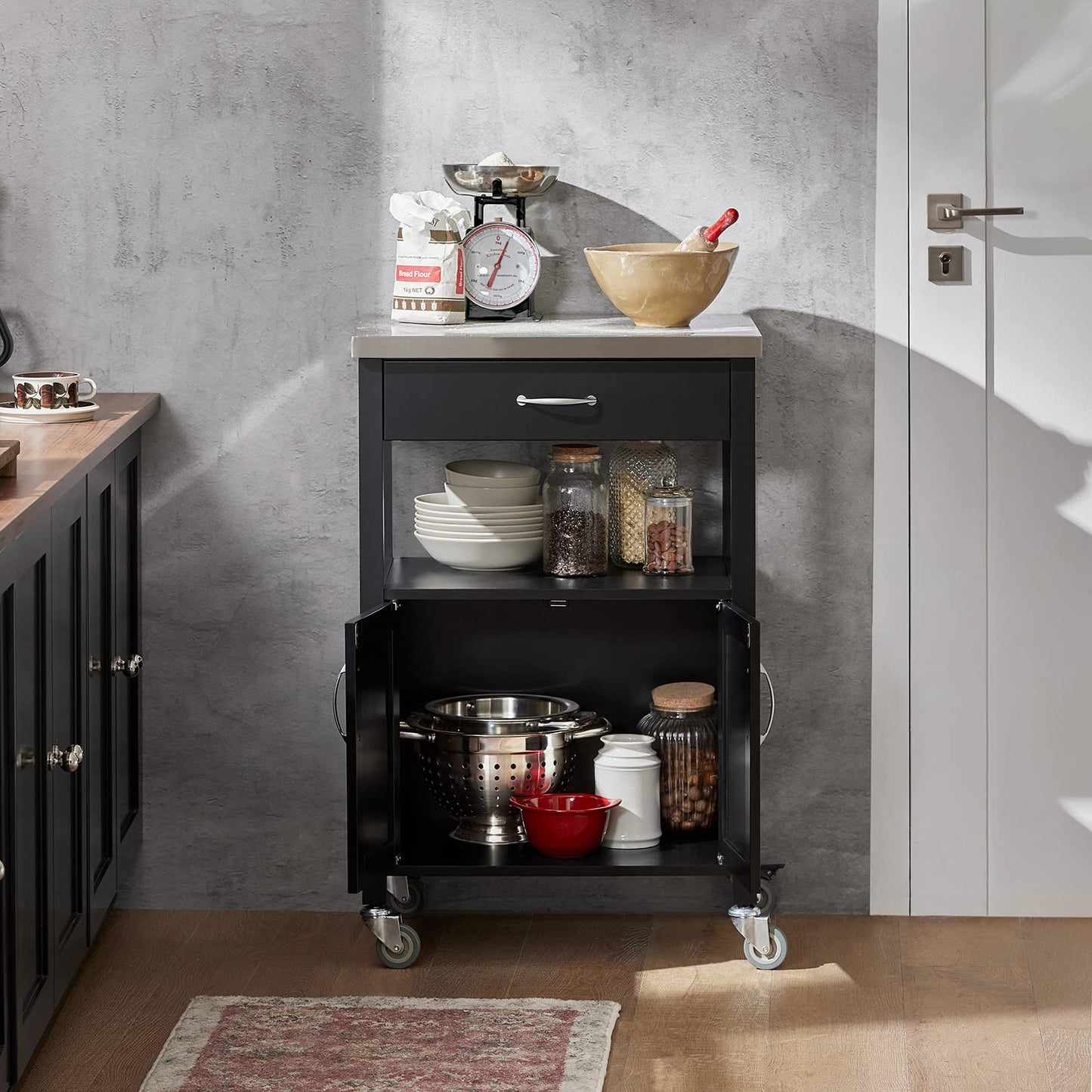 SoBuy Kitchen Cart with Worktop Serving Trolley with Wheels Side Table Wooden Trolley Kitchen Shelf Standing Versatile Kitchen Cabinet for Kitchen, Outdoor & Bedroom Black 60x92x45cm FKW22-SCH