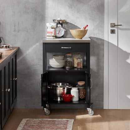 SoBuy Kitchen Cart with Worktop Serving Trolley with Wheels Side Table Wooden Trolley Kitchen Shelf Standing Versatile Kitchen Cabinet for Kitchen, Outdoor & Bedroom Black 60x92x45cm FKW22-SCH