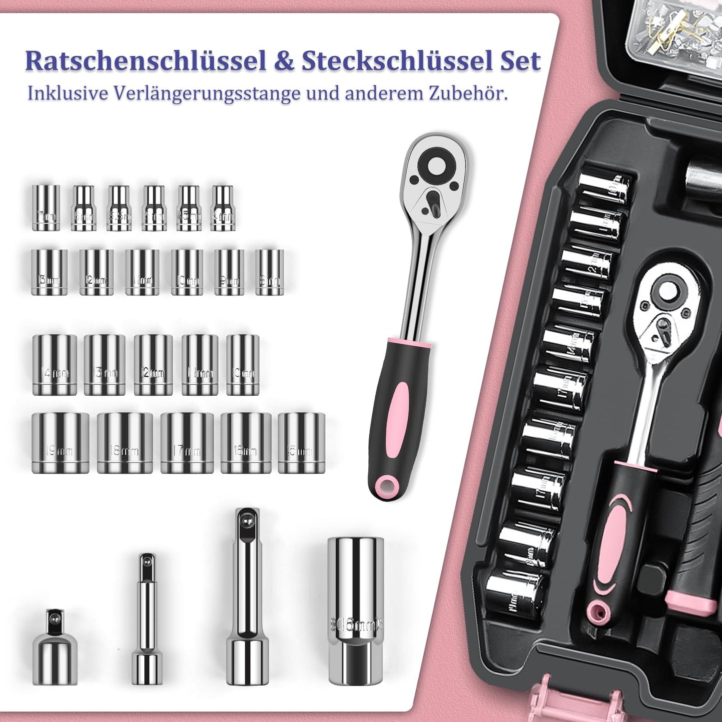 Sundpey Tool Box Filled 281pcs - Portable Complete Tool Sets Tool Box with Socket Set Screwdriver Set Metric Allen Wrench Pliers Tool Case Pink