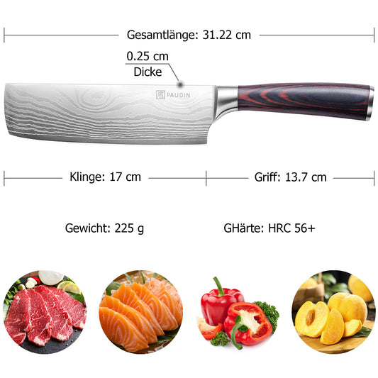 PAUDIN Japanese knife, blade length 17 cm Nariki knife chopper kitchen knife made of high-quality stainless steel, Asian multipurpose kitchen knife for home and kitchen with ergonomic handle.