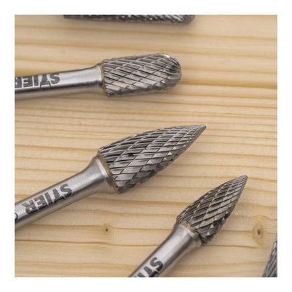 BULL Carbide Burrs Set 10 pcs, 6mm shank diameter, burr shapes: cylinder plain end, ball nose, oval, drop, pointed arch, high cutting speed 840 m/min.