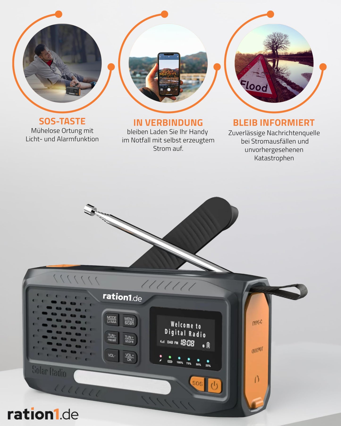 Ration1 crank radio DAB+, portable solar radio with LED flashlight, 2000mAh power bank, hand crank, SOS function, Bluetooth, USB-C, for camping and emergency situations.