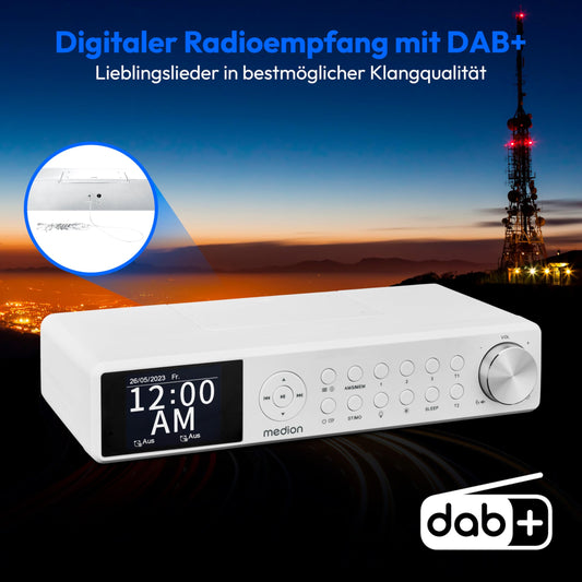 MEDION P66750 Kitchen under-cabinet radio (DAB+ kitchen radio, PLL FM radio, dimmable TFT color display, cooking timer, Bluetooth, LED strip, including mounting material) white