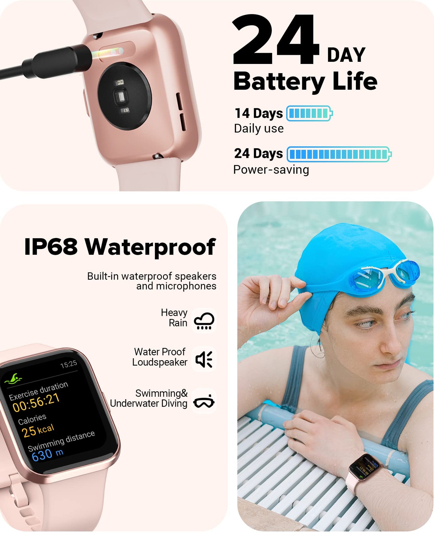 Women's smartwatch with phone function, 1.7" touchscreen pedometer watch with Alexa, 60+ sport modes, heart rate monitor, sleep monitor, SpO2, Whatsapp reminders, IP68 waterproof fitness tracker.
