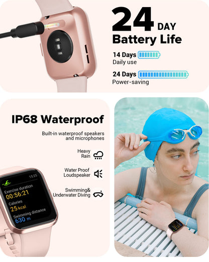 Women's smartwatch with phone function, 1.7" touchscreen pedometer watch with Alexa, 60+ sport modes, heart rate monitor, sleep monitor, SpO2, Whatsapp reminders, IP68 waterproof fitness tracker.