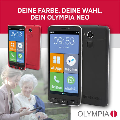 Olympia Neo 16GB senior smartphone | Extra large display | Hearing aid compatible | Emergency button | Senior smartphone 5.5" display | Whatsapp & Mediteo pre-installed | 8MP camera | Red