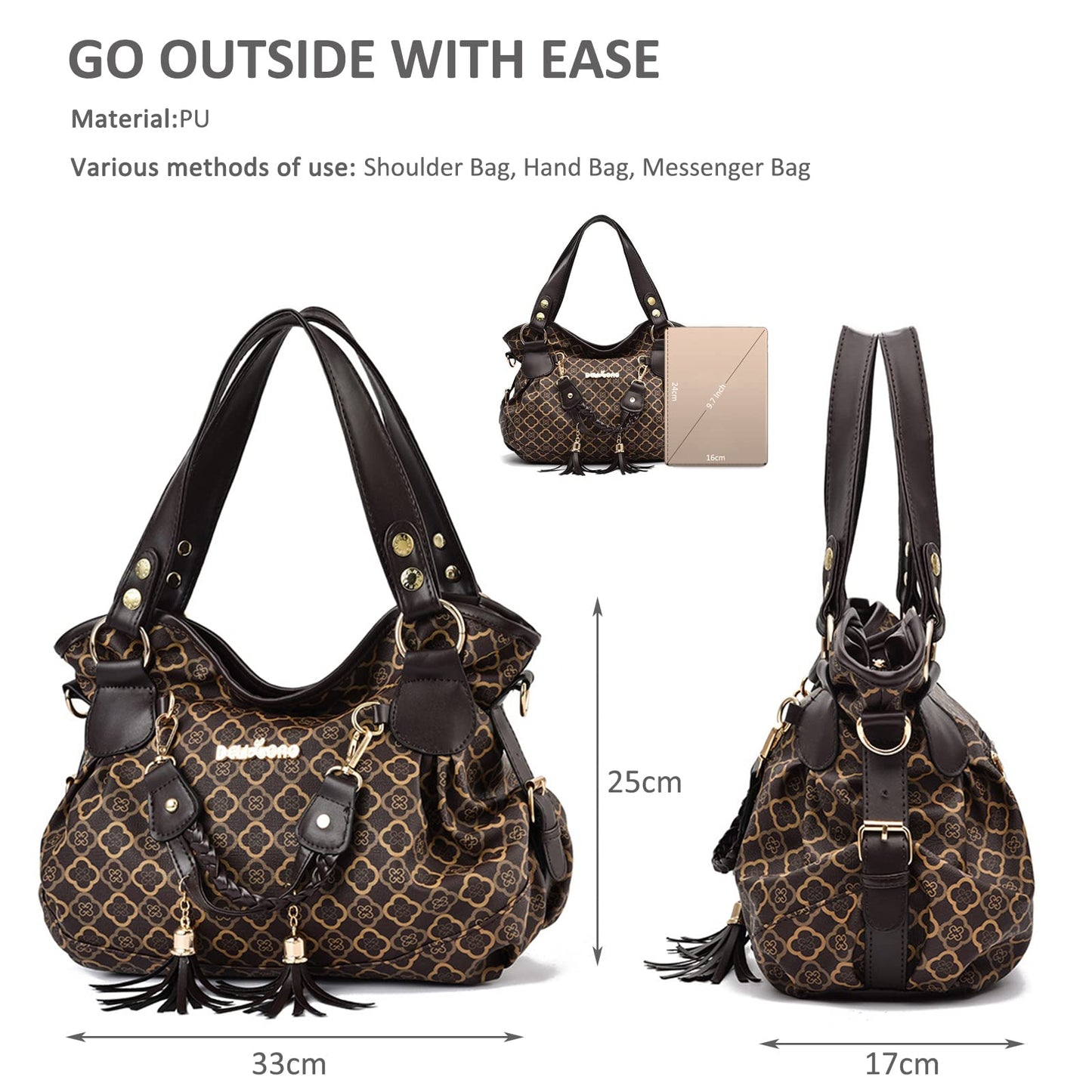NICOLE & DORIS Women's Handbag Retro Shoulder Bag Soft PU Leather Retro Shopper Bag Hobo Tote Large Crossbody Bag Printed Tote Bag for Everyday, School, Travel Black Flower