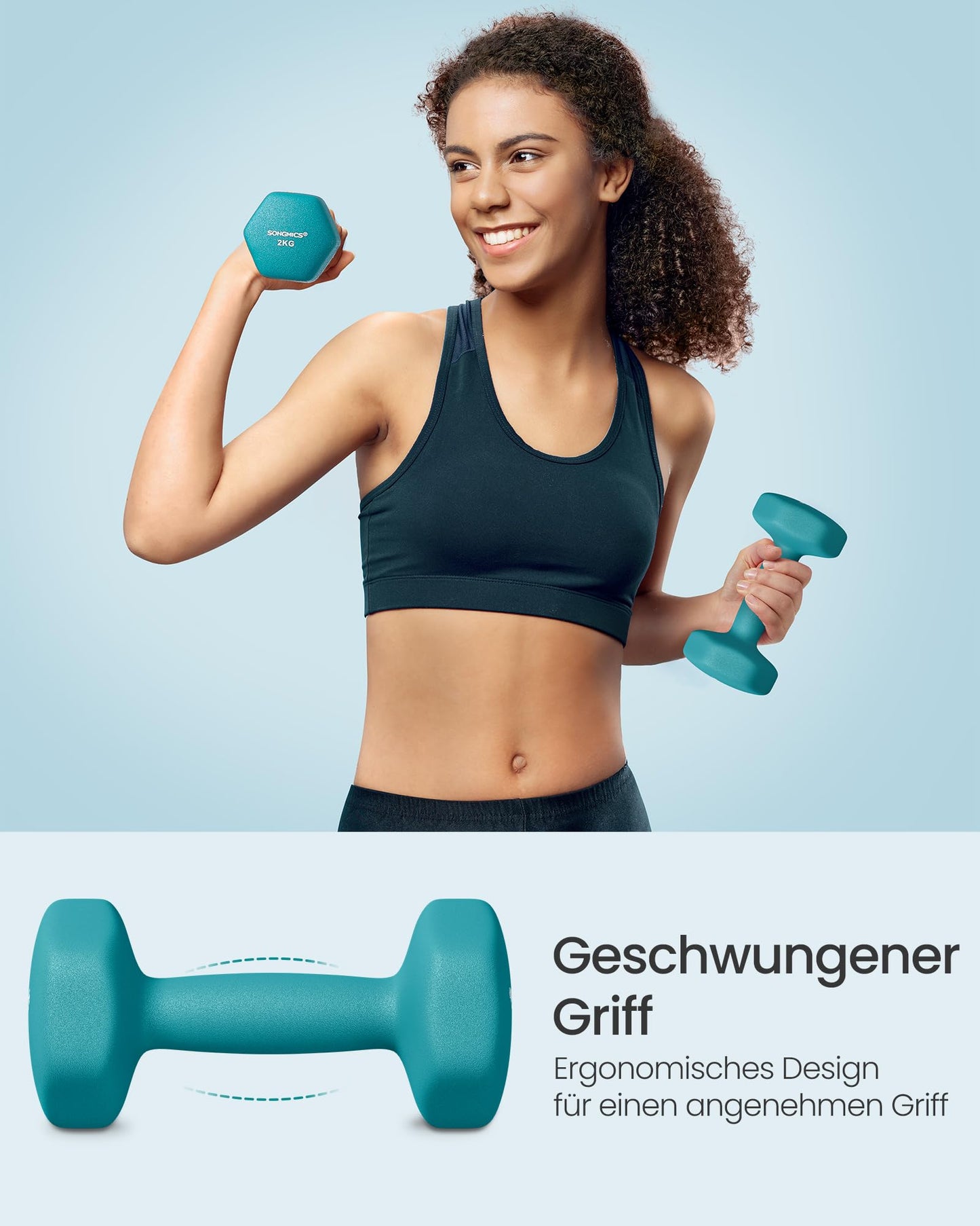 SONGMICS Dumbbell Set, Hexagon, with Dumbbell Rack, 2 x 1 kg, 2 x 2 kg, 2 x 3 kg, matte finish, Neoprene coating, strength training, at home, lime green, aquamarine, and dark gray SYL612G02