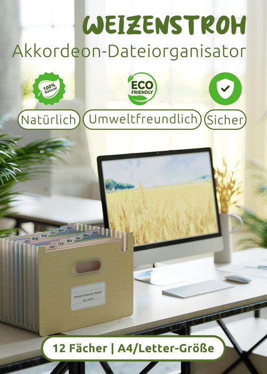 EcoStash A4 document folder with 12 compartments, made of wheat straw. Colorful organizer for sorting papers, accordion file folder, standing and open at the top, BPA-free. Back to nature, healthy living - Wheat Yellow.