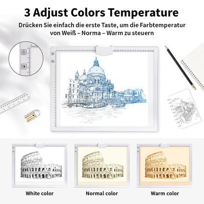 A3 light table, rechargeable LED light pad with 3 color modes and 6 brightness levels. Ideal for tracing, diamond painting, drawing, and sketching.