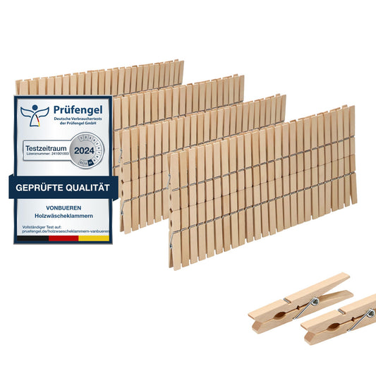 200 x large wooden clothes pegs ByBueren | Wooden pegs made from sustainable untreated birch wood | Wooden clothes pegs also suitable for crafting