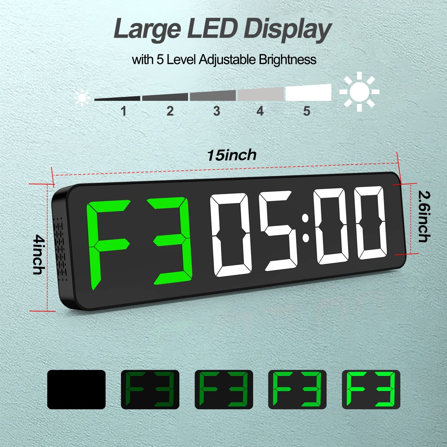 Gym Timer 15" Large LED Display Wall Clock|Interval Workout|Countdown & Up|Stopwatch|12 Adjustable Volume|3 Installation Options|Digital Timer for Fitness Home Garage Gym and Outdoor Sport