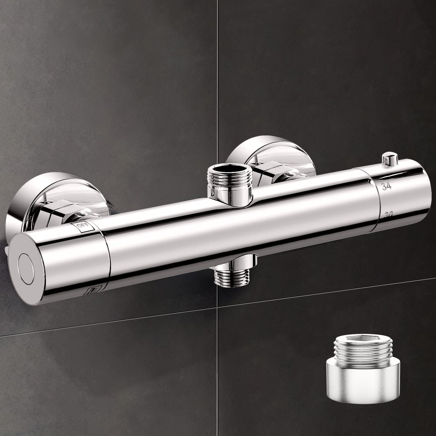 AIMOYO thermostatic shower mixer, round shower faucet with 2 outlets, chrome-plated shower thermostat replacement parts, top 3/4" BSP + bottom 1/2" BSP, shower valve with 38 °C safety button.