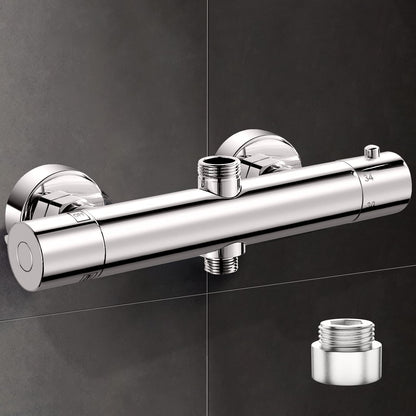 AIMOYO thermostatic shower mixer, round shower faucet with 2 outlets, chrome-plated shower thermostat replacement parts, top 3/4" BSP + bottom 1/2" BSP, shower valve with 38 °C safety button.
