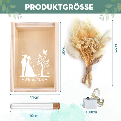 Wedding gifts for couples, wooden wedding gift money box including dried flowers, wooden box, plastic test tube, fairy lights, wedding day, wedding gift money.