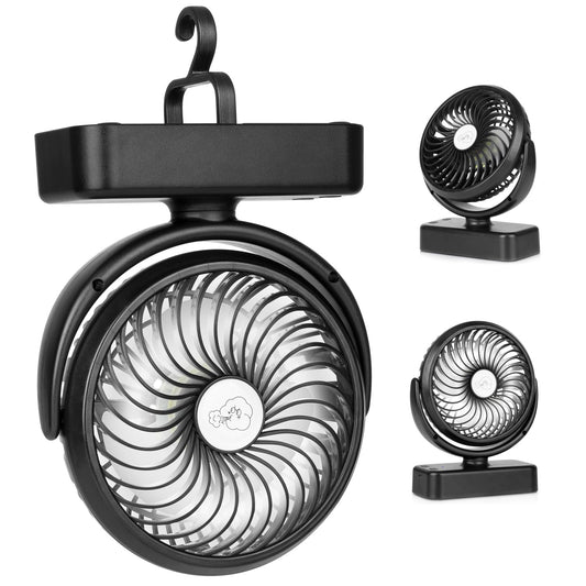 Portable camping fan Hanging fan with LED light, 40 hours operating time Rechargeable tabletop fan with hanging hook for tent RV survival gear office study room