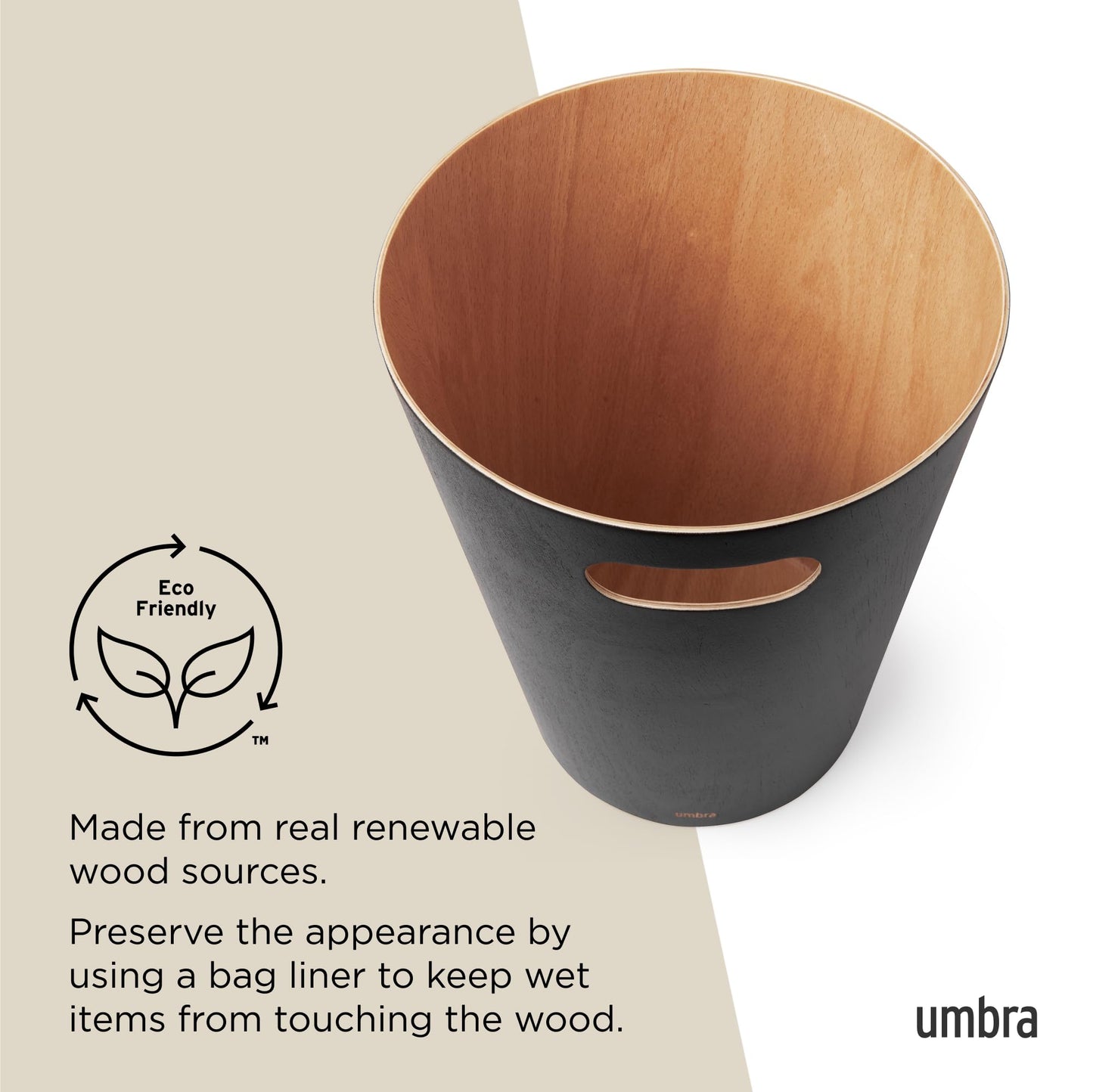 Umbra Woodrow Waste Bin - Two-Tone Wood Trash Can for Office, Bathroom, Living Room, and More, 7.5L Capacity, Natural/Black