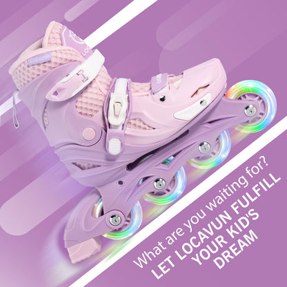 Locavun Kids Inline Skates 4 Sizes Adjustable Inline Skates for Girls Size 26-29 29-34 30-35 Inline skates with 82A PU wheels Rollerskates.