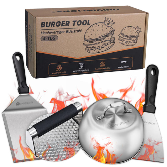 Univinlions Smash Burger Set, Professional Burger Smasher with Smash Burger Press, Burger Bell, Large Grill Spatula & Pancake Turner, Stainless Steel 4-Piece Grill Accessory for Patties, Teppanyaki, Barbecue