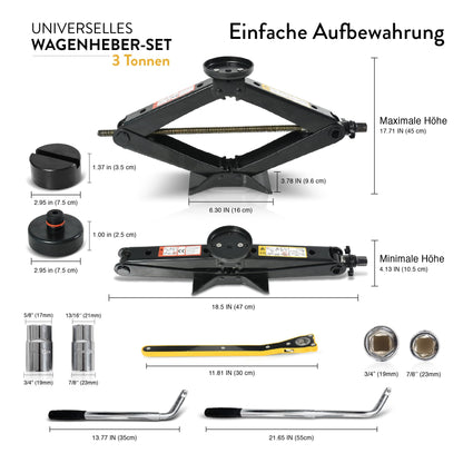 Jack with wheel brace & Tesla pad and universal rubber pad 3 tons (3000 kg) - scissor jack for car and SUV - car jack set - portable, ideal for maintenance and repair