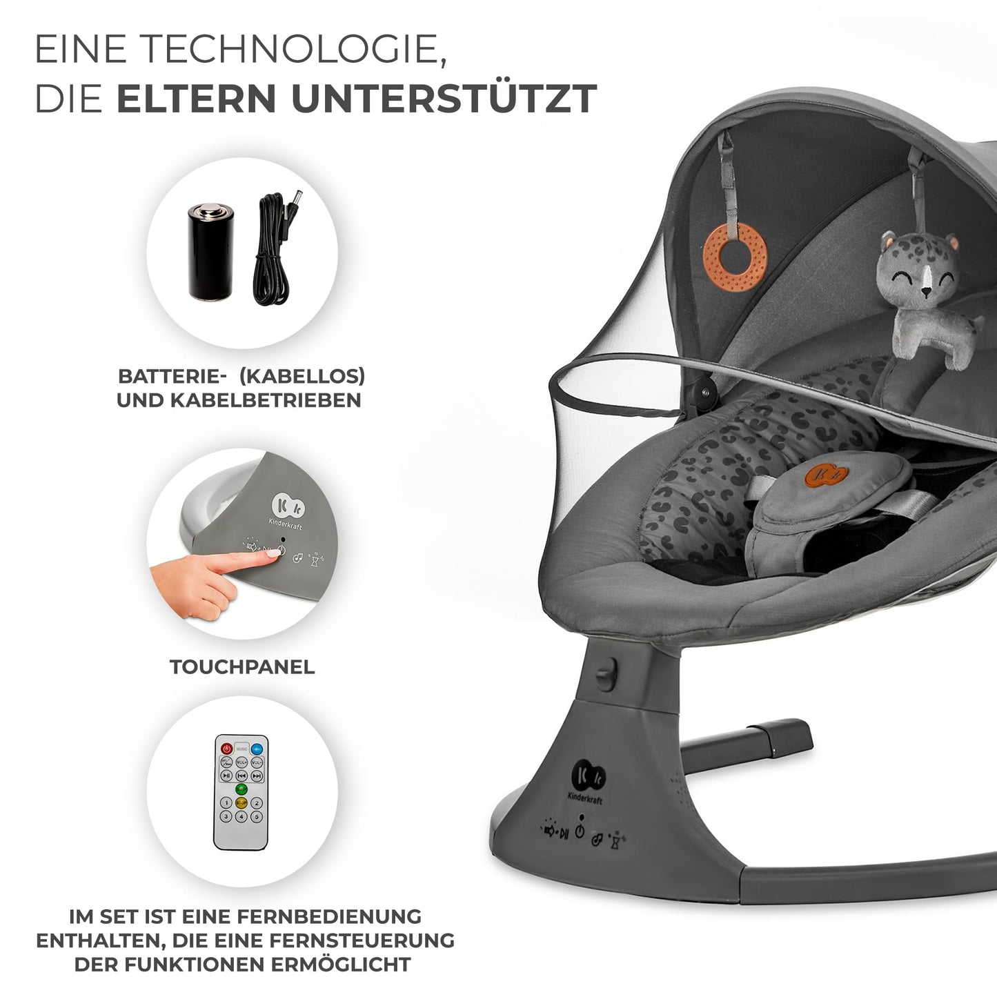 Children's LUMI 2 Baby Bouncer, Electric Baby Swing, From Birth to 9 Months, Adjustable Height, 5 Swing Modes, 12 Melodies, Toy Arch, Dark Grey