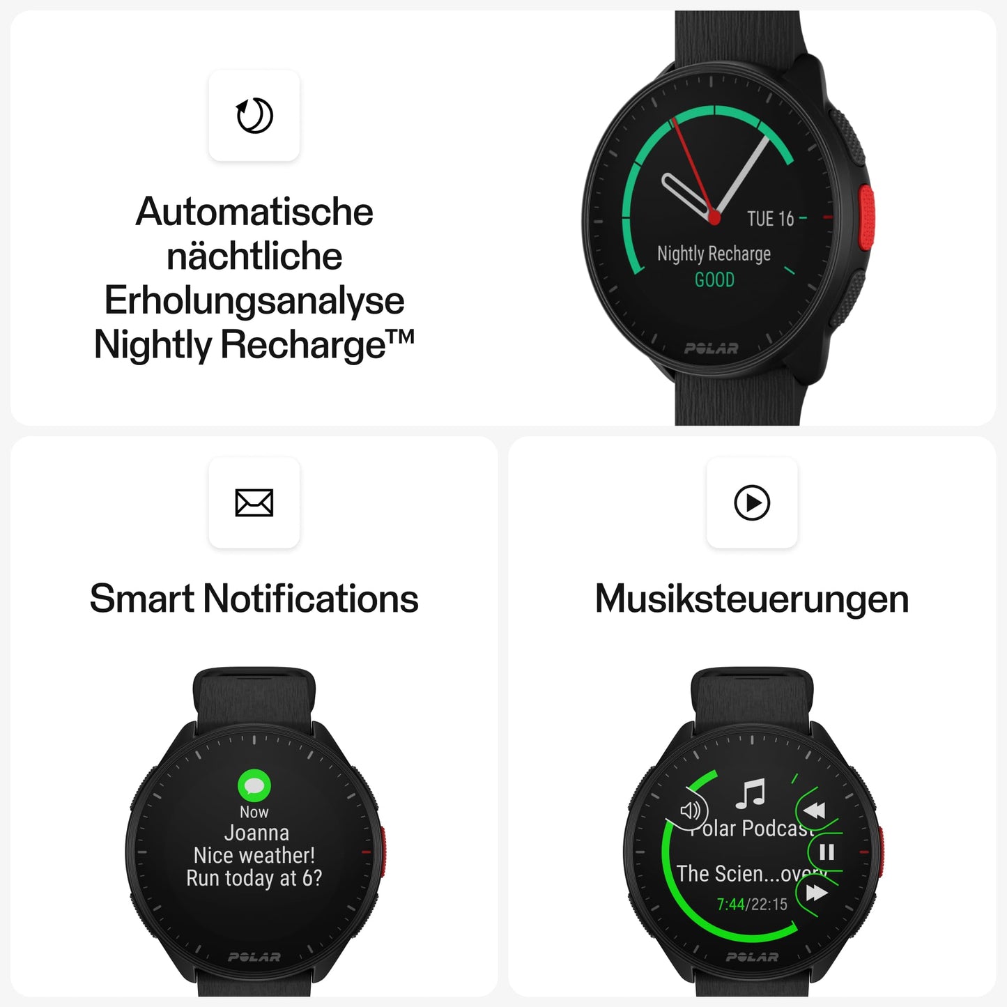 Polar Pacer - GPS running watch - very fast processor - ultralight - bright display - tactile buttons - personalized - heart rate monitor - music control, Night Black, S-L