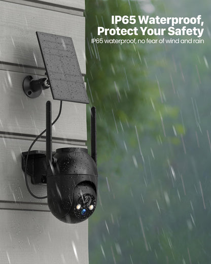 VIMKIM 2 Pack-Black Outdoor Security Camera with Battery 360 Degree WiFi Camera Solar Panel Motion Sensor Home Security Monitor Wireless IP66