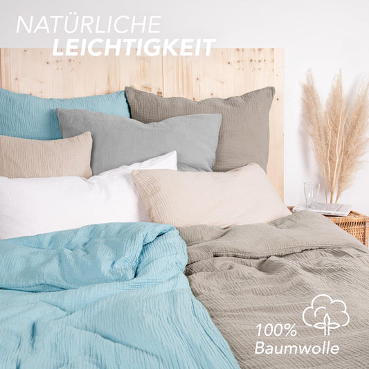 Pure label muslin bed linen 135x200 4-piece set consisting of bed cover 135 x 200 cm 2-pack, pillowcase 80x80 cm 2-pack made of cotton - Dreamily cozy bedding sets in taupe.
