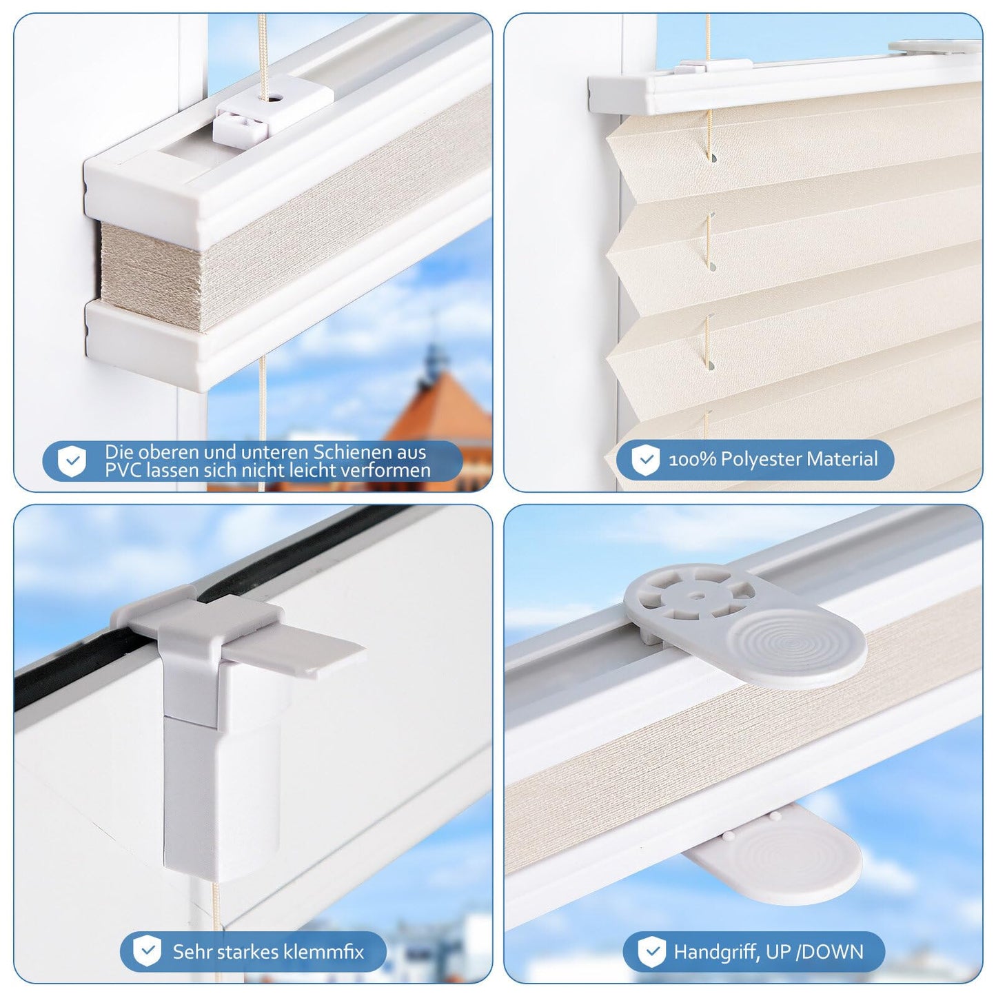 Home Plisse without drilling clampfix B55 x H120 cm Beige, pleated blinds for windows and doors, Easyfix pleated roller blind with clamp bracket sun protection and privacy translucent roller