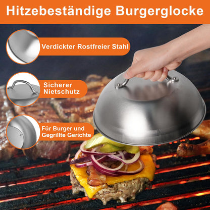 W&H's Stainless Steel Smash Burger Set includes a 4-piece set of burger smasher tools: burger press, grill spatula, burger dome, and 50 parchment papers. Ideal for making delicious homemade hamburgers both outdoor and indoor.