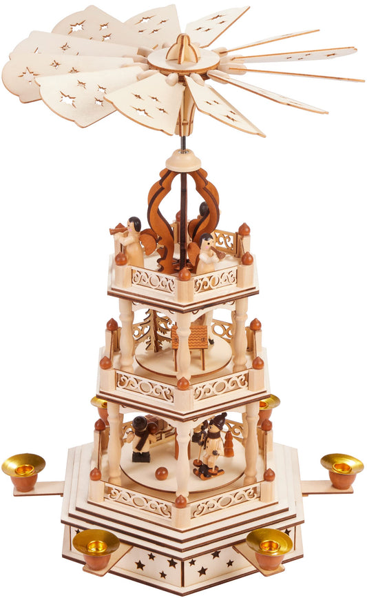 BRUBAKER Christmas Pyramid - 3-tier rotating wooden pyramid - Christmas decoration with 3 levels - 44 cm height - hand-painted figures Christmas - Natural Brown