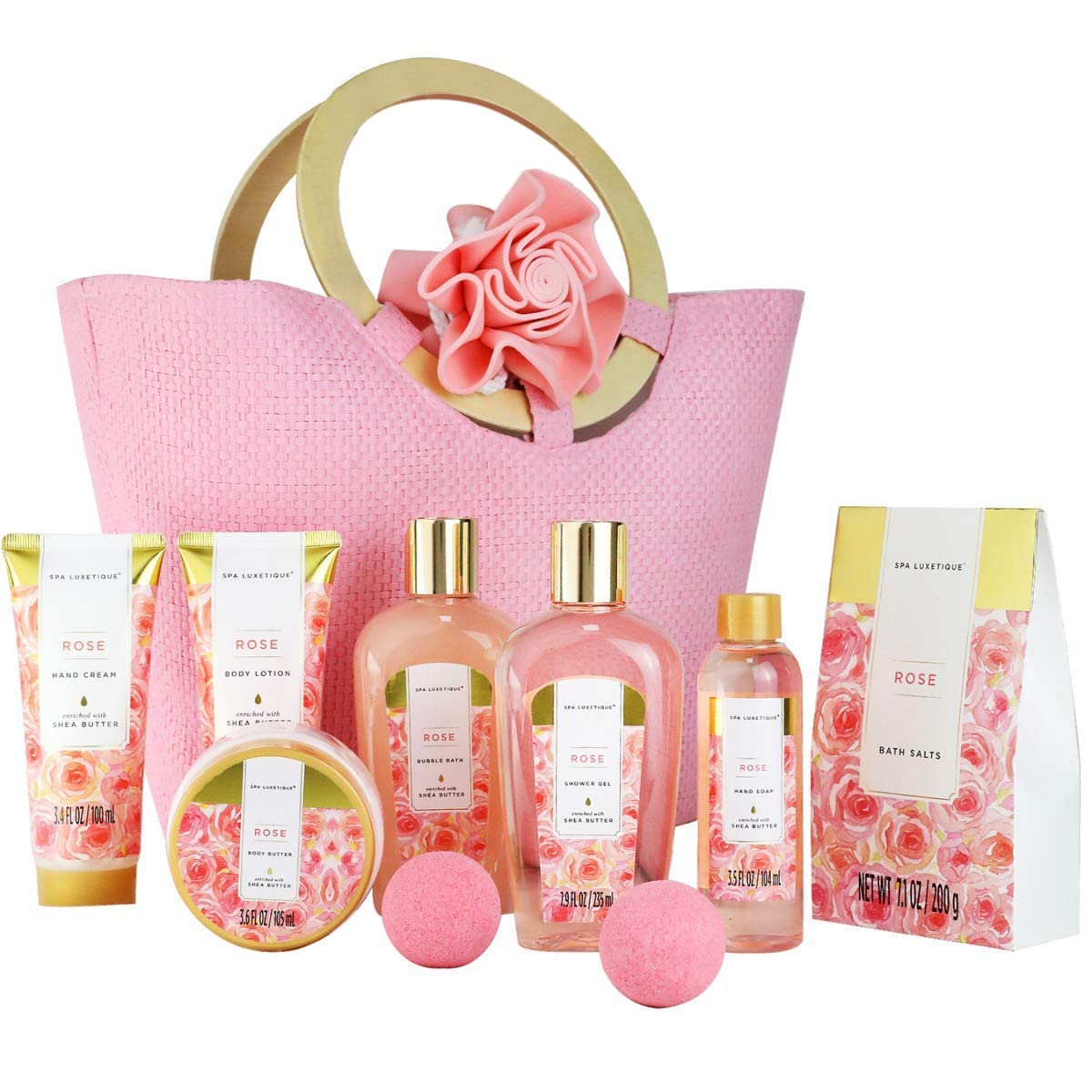SPA LUXETIQUE Women's Bath Gift Set - 10pc Rose Scented Gifts for Women with Handbag, Birthday Gifts for Women, Wellness set, Mother's Day Gift, Christmas Gifts for Women