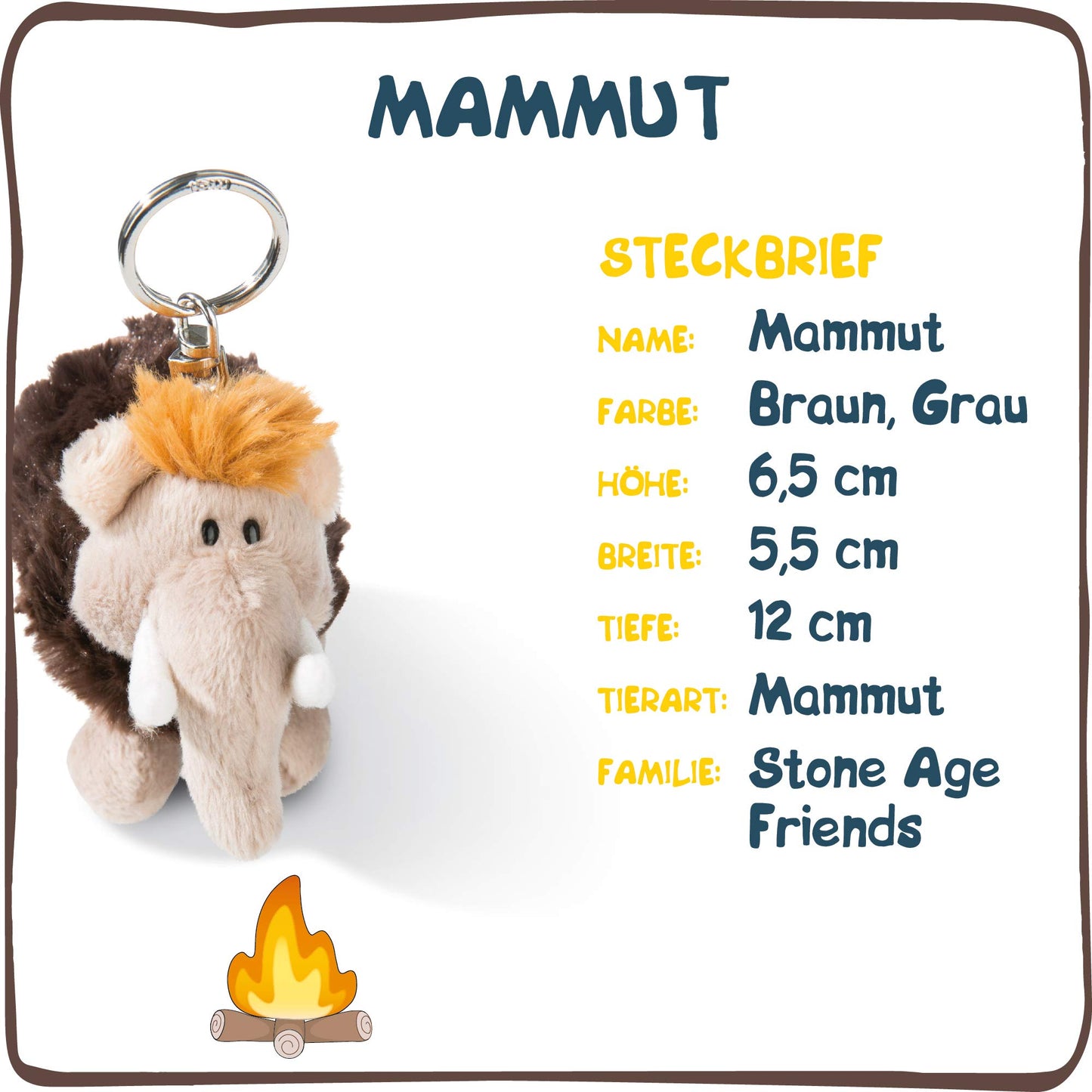 NICI 45305 Mammoth Keychain Plush Toy 10 cm - Stone Age Friends, Brown/Gray