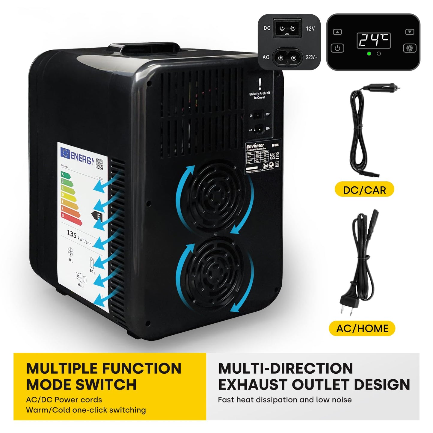 Enventor Mini Fridge 10 Liter, Cooler and Warmer, 220V AC + 12V DC, Portable Mini Fridge with LCD Temperature Display for Car, Travel, Cosmetics, Drinks, Food (Black)
