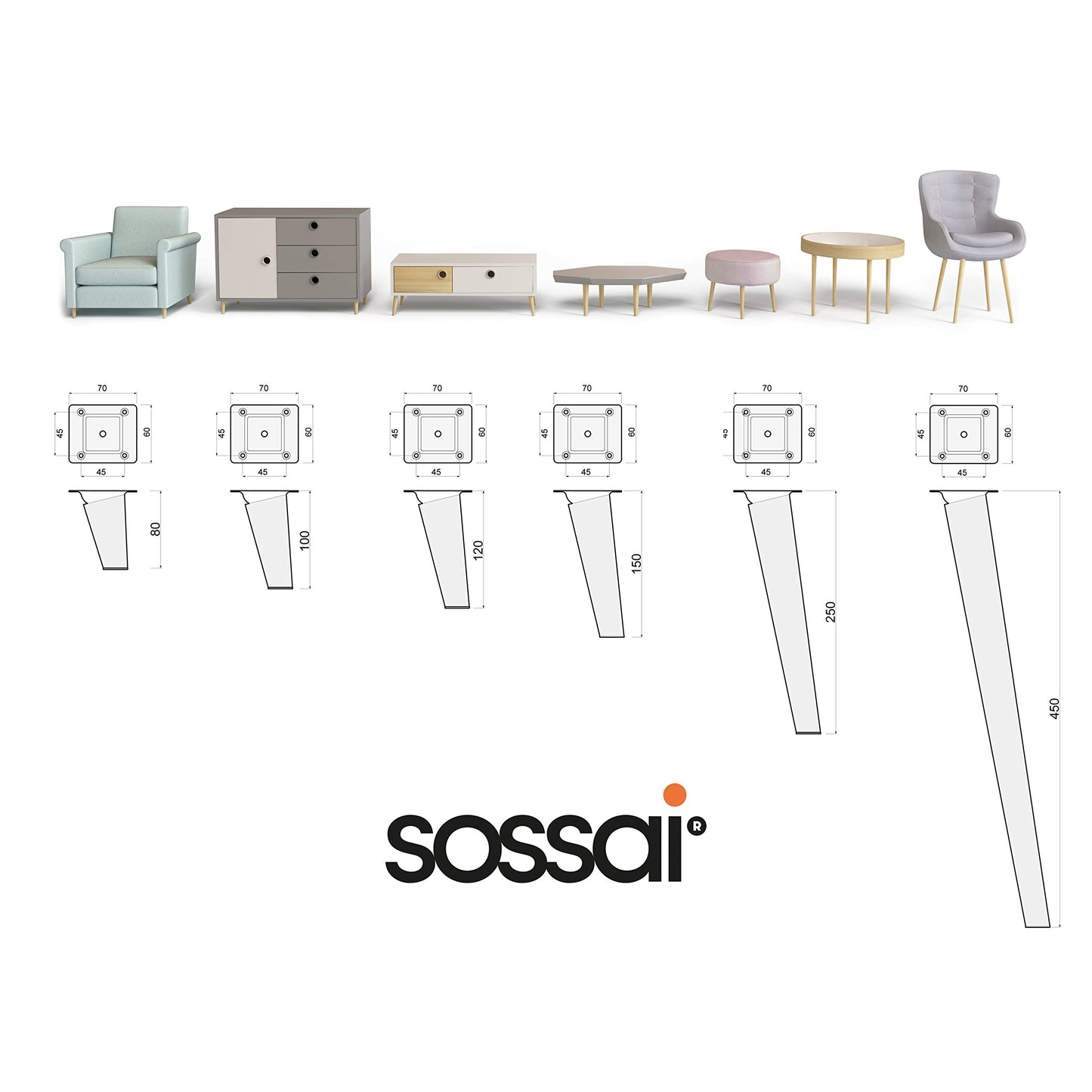 Sossai solid beech wood furniture legs with oil finish, Clif Round HMF2, 25 cm high, round, slanted design, for display cases, tables, cabinets.