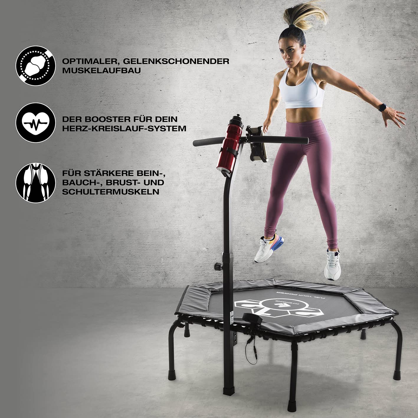 FitEngine Fitness Trampoline Smart + Heart Rate Monitor Set | Trampoline with 5-level adjustable handle | Pulse measurement during endurance & cardio training with Bluetooth function