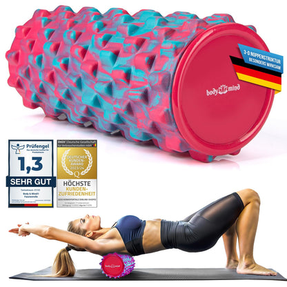 Body & Mind® Fascia Roller Massage Roller Fitness Roller Sports Roller Therapy Roller; Fascia training for upper body, neck, back, legs, calves & all other muscle groups; 33 x 14.5 cm; Pink-Blue