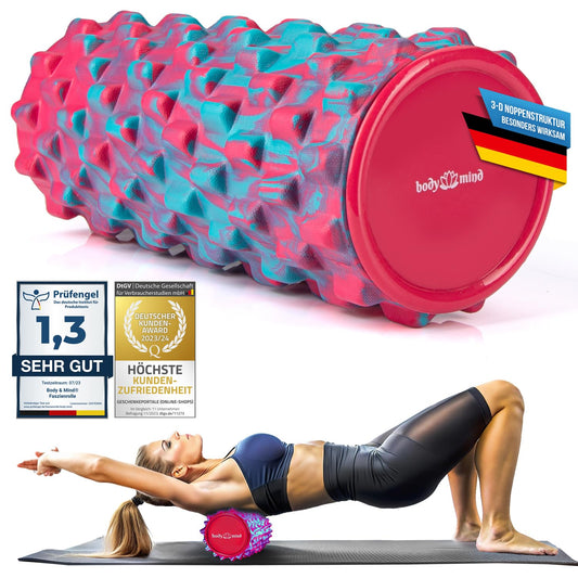Body & Mind® Fascia Roller Massage Roller Fitness Roller Sports Roller Therapy Roller; Fascia training for upper body, neck, back, legs, calves & all other muscle groups; 33 x 14.5 cm; Pink-Blue