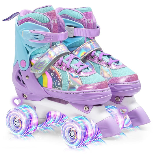 OLYSPM roller skates for kids, adjustable roller skates for women, LED roller skates with 4 sizes adjustable, roller skates with storage bag for girls, boys, and beginners (purple)