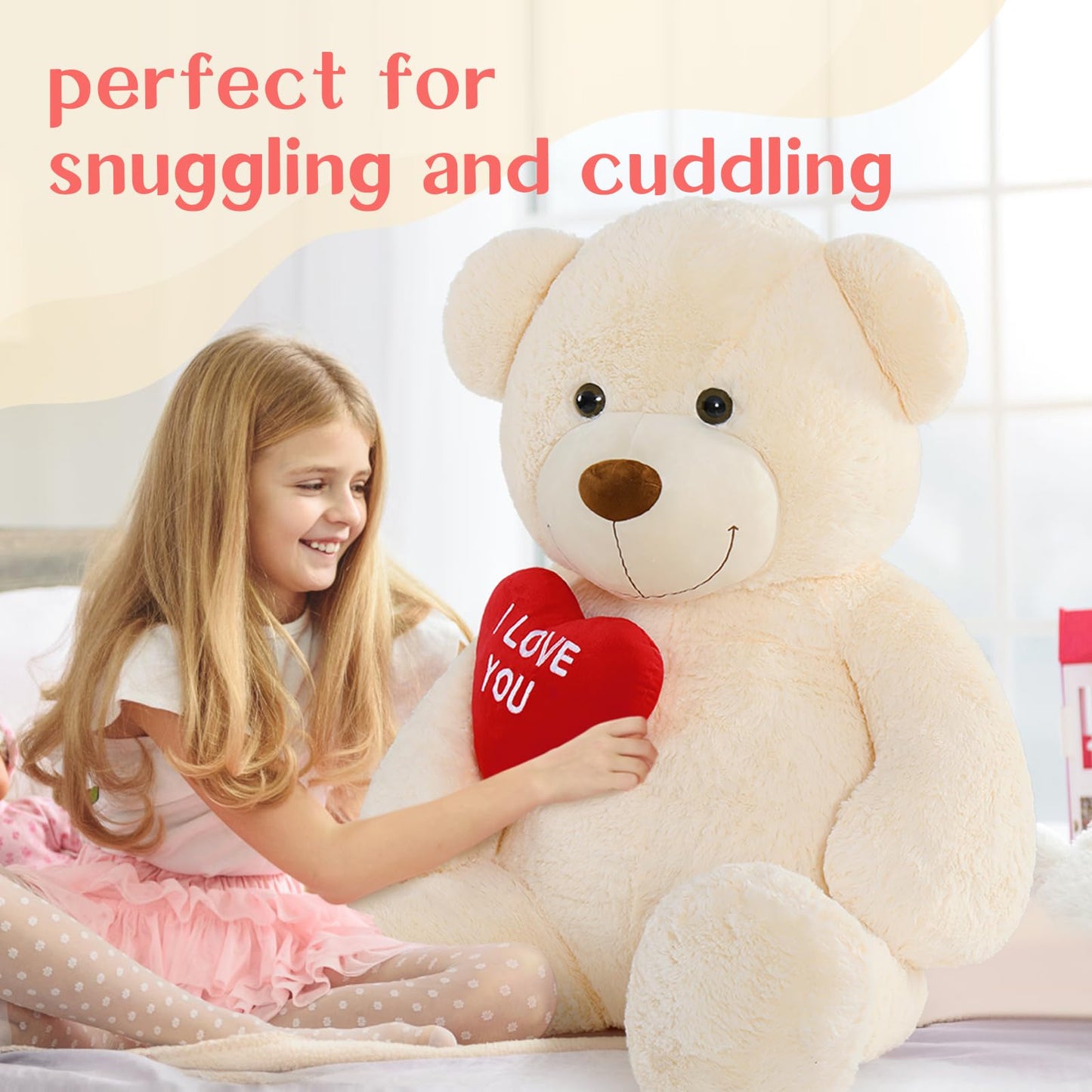 MorisMos 150cm giant Teddy bears with heart, beige large teddy bear XXL plush toy, cuddly plush bear XXXL, Valentine's Day birthday love gift partner wife mother children girlfriend