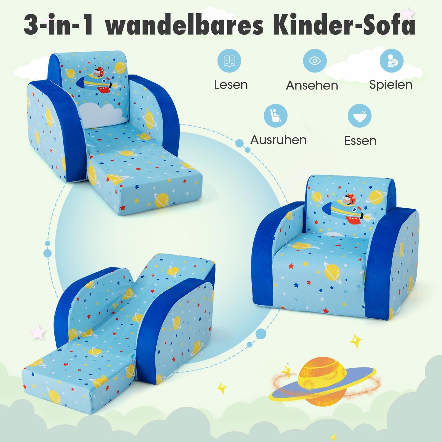 COSTWAY 3 in 1 Kids Sofa Foldable, Upholstered Velvet Children's Armchair, Kids Sleeper Sofa with Removable Protective Cover, Kids Couch for Children up to 5 Years (Spaceship)