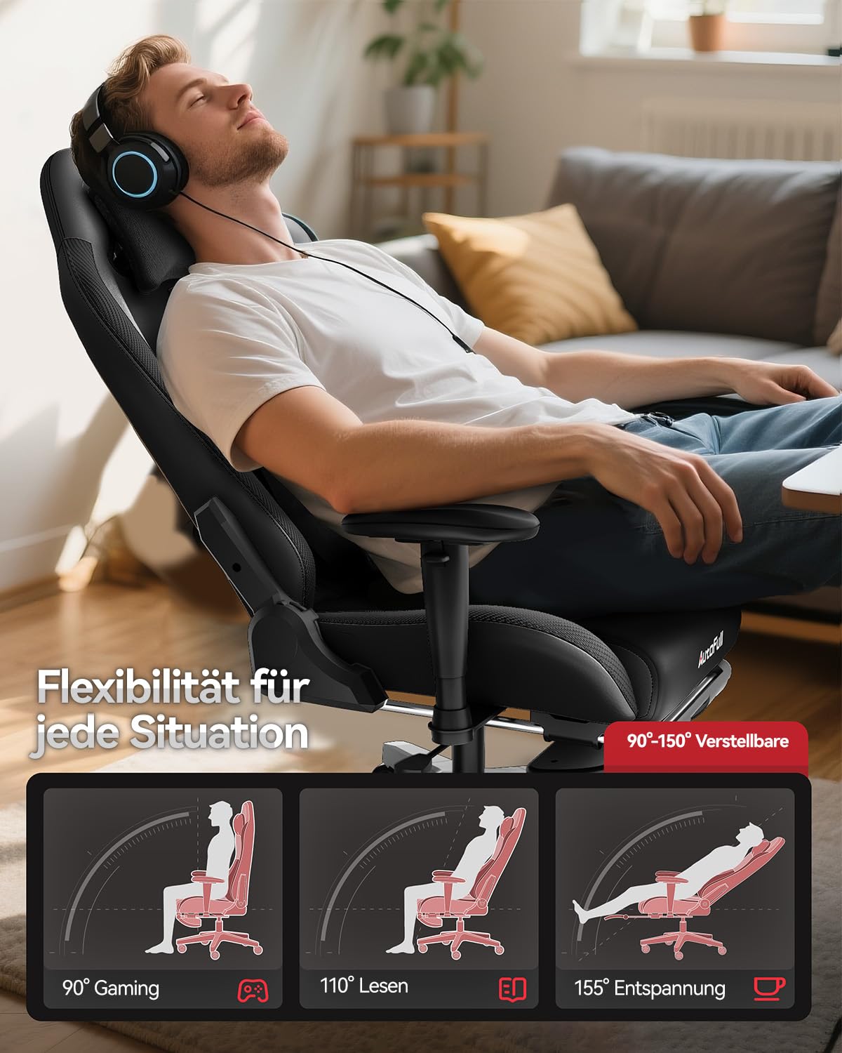 AutoFull C3 Gaming Chair, Ergonomic Gaming Chair with Lumbar Support, Height Adjustable & Tilt Function, Gaming Chairs with Footrest, 150 kg Capacity, Racing Seat Design PU Leather (Black)