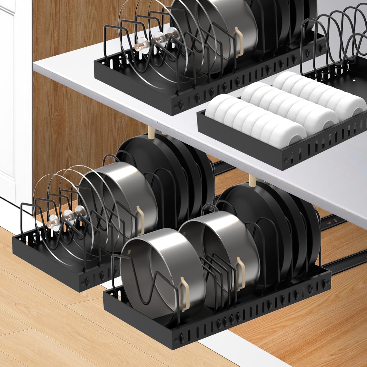 FLSEPAMB Pot Lid Holder, Expandable Lid Holder Drawer with 10 Adjustable Compartments, Metal Pot Lid Organizer for Kitchen Utensils, Pans, Pots, Lids (Black)