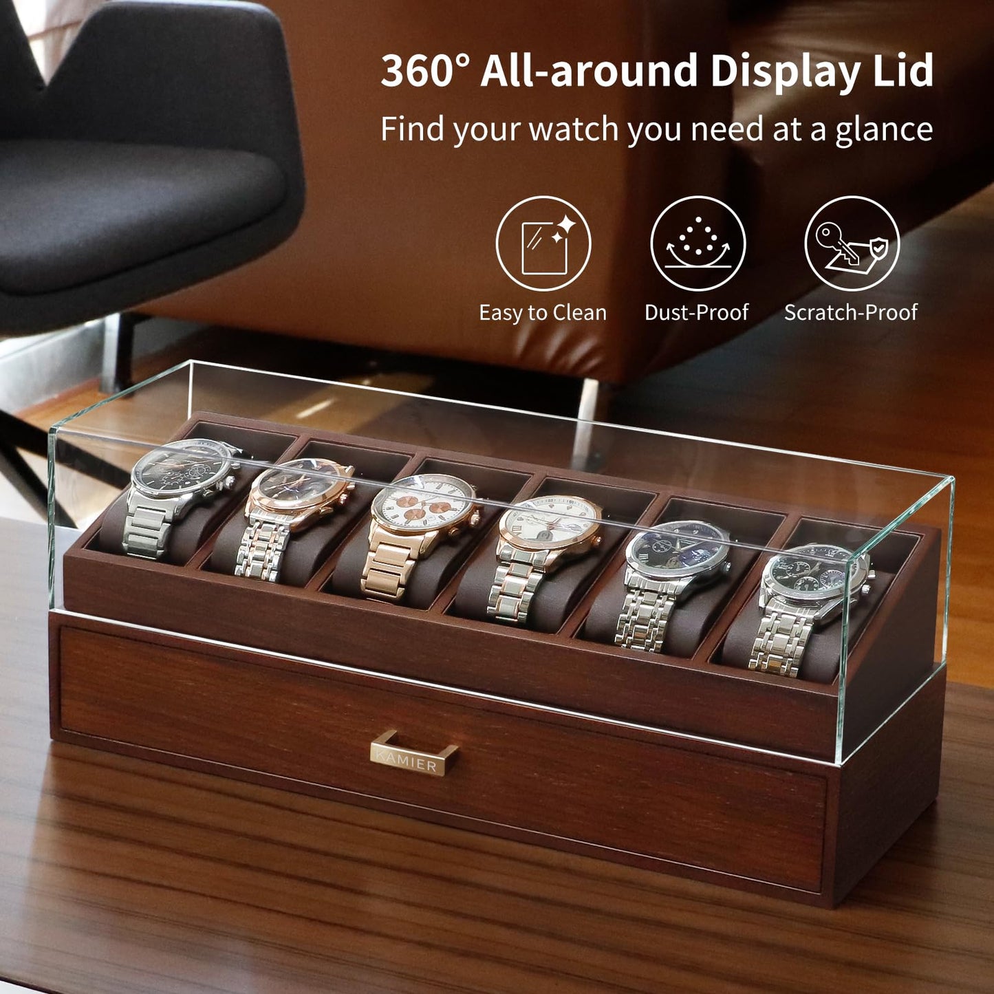 KAMIER Watch Box for Men, Luxurious Watch Case with 6 Compartments, 100% Real Wood Watch Organizer with Drawer, Jewelry Box for Men with Storage Box, Father's Day Gift, with Gift Box