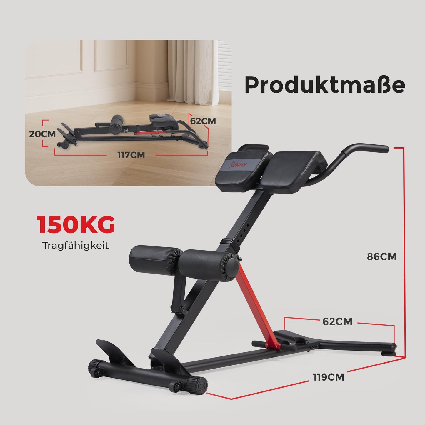 Sunny Health & Fitness Folding Roman Chair Back Trainer Hyperextension Chair, multifunctional workout equipment, home fitness sit-up bench for glute and abdominal training - SF-BH620062